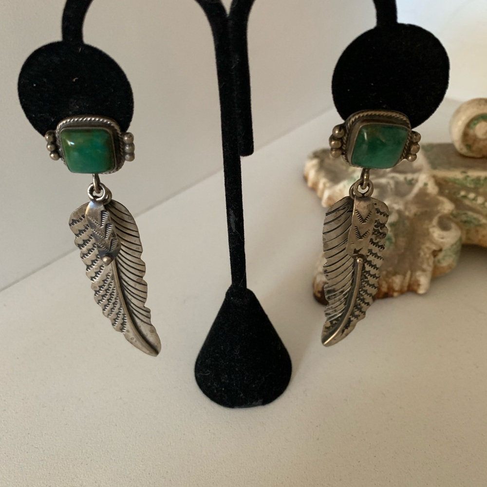 SOLD Navajo Sterling Silver and Green Feather Earrings